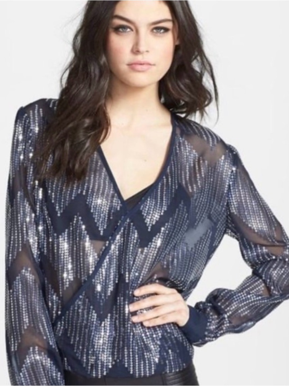 Wayf Navy Sheer Sequin Wrap Blouse